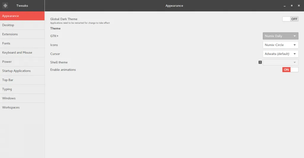 Gnome tweak tool set to Numix Circle