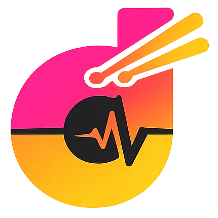 dhol.dance logo — drum sticks striking a circular waveform emblem in pink and orange.