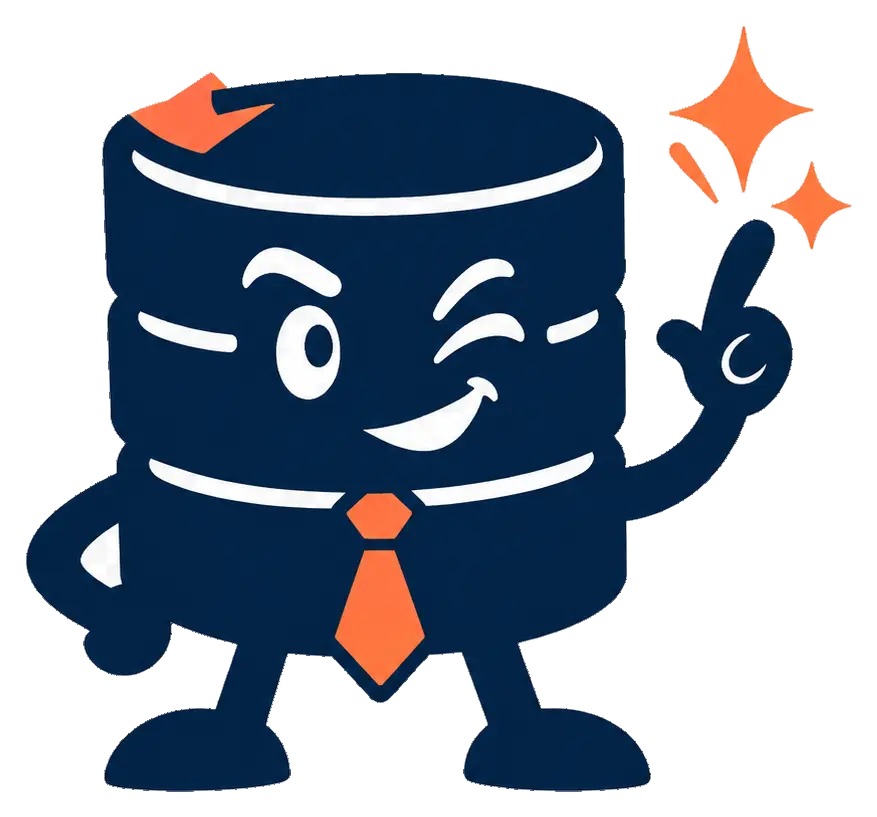 MastiDB mascot — a winking navy database cylinder in an orange tie, pointing at an idea.